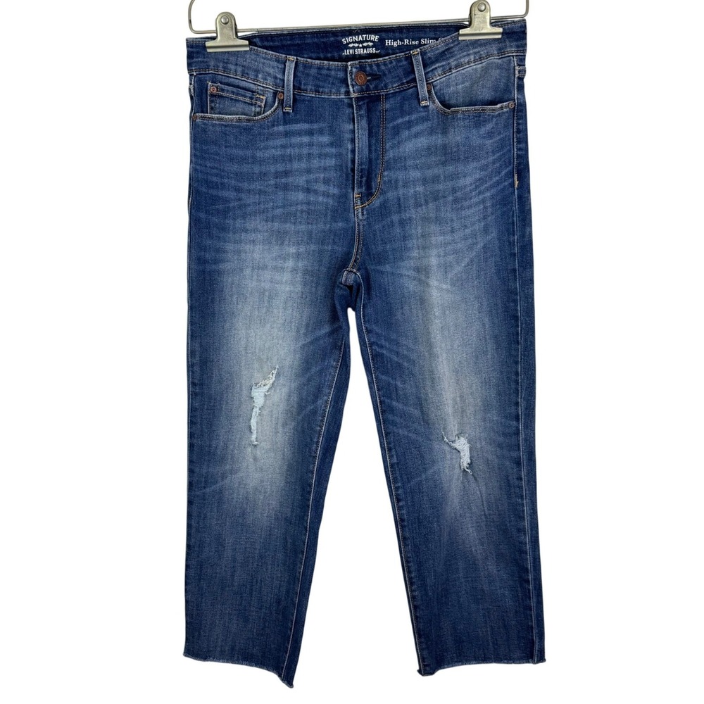 Levi's Signature High-Rise Slim Crop Distressed Jeans Raw Hem Frayed Size 8
